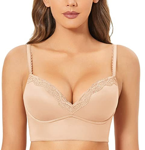 DOBREVA Push Up BH Damen ohne Bügel Soft Gepolstert Bügelloser Bralette mit Spitze Beige 90B