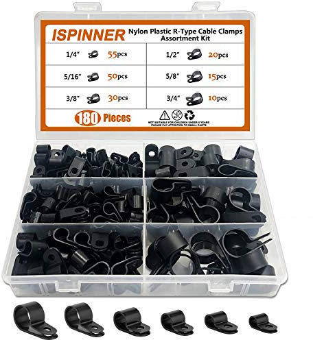 ISPINNER 180pcs Nylon Plastic R-Type Cable Clamps, 1/4 5/16 3/8 1/2 5/8 3/4 Clips Fasteners Assortment Kit for Cable Conduit (Black)
