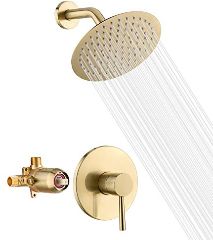 sumerain Duscharmatur-Set, gebürstetes Messing, Verbrühungsschutz, Druckausgleichsventil, 20,3 cm, extra dünn, Regenduschkopf, mit Rückschlagventilen
