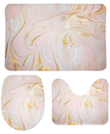 My Daily 3-teiliges Badezimmerteppich-Set, goldfarben, rosa, Marmor, Kunst, Konturmatte, WC-Deckelbezug, rutschfeste Badematte