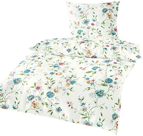 TRAUMSCHLAF Seersucker Bettwäsche Blumengirlande • Florales Design in Blau-Weiß • 100 % Baumwolle • Sommerbettwäsche bügelfrei & atmungsaktiv • 240 x 220 cm + 2 Kissenbezüge 80 x 80 cm