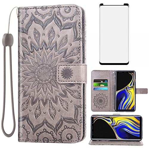 Asuwish Handyhülle für Samsung Galaxy Note 9 Handyhüllen Hülle mit Glas Folie Schutzfolie und Kartenfach Klappbar Leder Geldbörse Ständer Note9 Handy Hüllen Mandala Schutzhülle Wallet Phone Case Grau