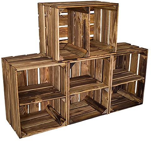 Kistenkolli Altes Land Holzkiste Bella 40 x 30 x 25cm - Geflammt, Robust, Ideal für Balkon, Wohnung oder Garten - Set von 4 Kisten - Brown