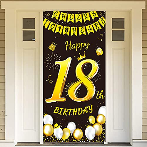 DPKOW Black Gold 18th Birthday Decoration for Boy Girl, Black Gold 18th Birthday Banner for Backdrop Door Decoration,18th Birthday Background Banner for Garden Table Wall Decoration, 185 x 90cm Fabric