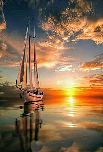 Meecaa Paint by Numbers Boat Reflection Sun Kit for Adults Beginner DIY Oil Painting 16x20 inch (Boat, No Frame)