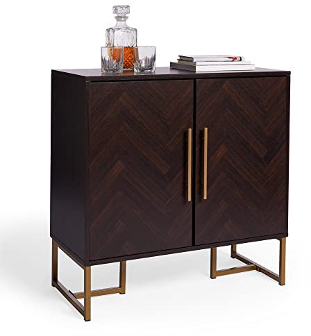 Spinningfield Dark Wood Sideboard - Storage Cabinet with Parquet Design Walnut Veneer - 2 Door Chevron Storage Unit w/Gold Handles & Legs - Buffet Cabinet For Living Room & Dining Room - York