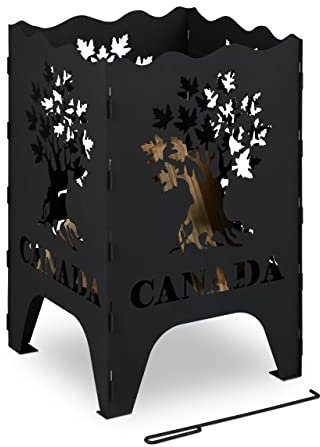 Relaxdays Braciere da Giardino XL, con Attizzatoio, Fuoco per Esterni, Motivo Canada, Quadrato, HLP: 71,5x46x46 cm, Nero, Acciaio, 1 pz