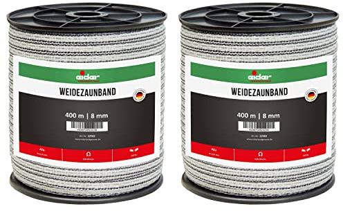 Eider Weidezaunband, 8 mm, weiß/schwarz - 400 m Rollen - sehr Gute Leitfähigkeit von nur 0,06 Ohm/m - Made in Germany (2 Rollen)