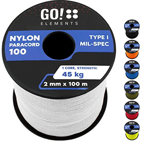 GO!elements 100m Cuerda Paracord 2mm de Nylon a Prueba de desgarros - Cuerda de Supervivencia Paracord 100 Tipo I - A Prueba de desgarros y con Capacidad de Carga de hasta 45kg, Coleur: Blanco