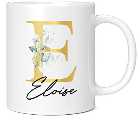Tazza personalizzata con lettera E floreale con iniziale, regalo personalizzato, lettera stampata effetto oro, non metallica, tazza da caffè in ceramica per uomini o donne, tazza extra grande e