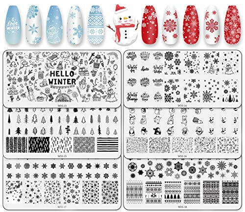 Whaline 6 Pieces Winter Nail Art Stamping Plates Kit Snowman Snowflake Pine Tree Sweater Image Stamp Templates Hello Winter Nail Art Plates for Winter Xmas DIY Print Manicure Salon Design Gift