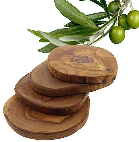 HOFMEISTER® Untersetzer 4er Set Olivenholz - Glasuntersetzer aus Holz aus 4 Olivenholzscheiben - Naturschnitt, ungefähr 10 cm Durchmesser