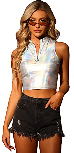 Allegra K Damen Tanktop Ärmellos Reißverschluss Metallic Oberteil Party Holographic Crop Top Bluse Silber XS