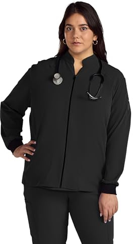 AVE. Solano Women's Scrub Jacket, Zip Front, Athletic Fit, 4-Way Stretch Fabric, Easy Care, Wrinkle-Resistant, Machine Washable Women’s Scrubs, for Nurses & Medical Professionals, (L, Black)