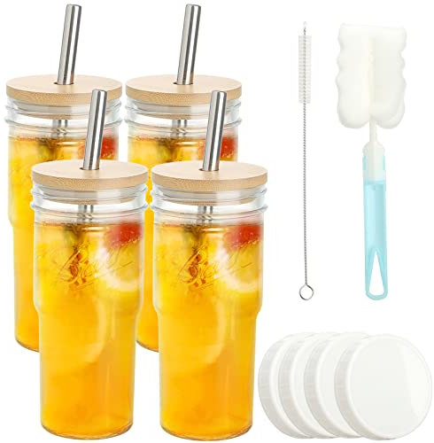 Sempoda Lot de 4 gobelets réutilisables en verre de 700,4 g avec couvercle en bambou, paille et brosse, anti-fuite, à large goulot - Cadeau pour café, jus, thé