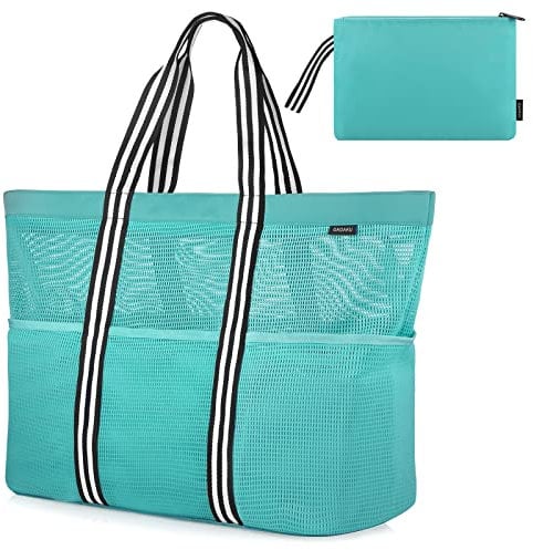 GAGAKU Strandtasche mit Reißverschluss XXL Familie Badetasche Extra Große Netztasche für Damen, Beach Bag Mesh Tasche für Strand Reisen Shopping - Grün