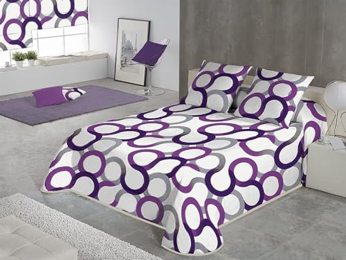 SABANALIA - Pack Colcha Estampada Aros + 1 cuadrante 50x50 + 1 Relleno de Fibra 50x50, Colcha para Primavera y Verano, (Disponible en Varios tamaños y colres) Cama 120 - (220 x 280), Lila
