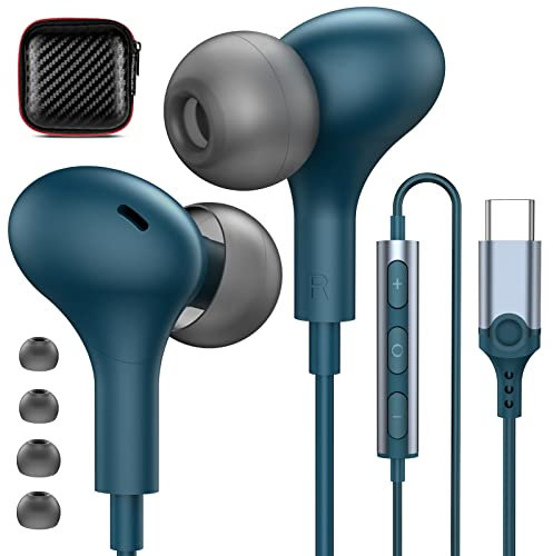 USB C Headphones for iPhone 16 15/Samsung S25 S24 Wired Earbuds with Microphone for Galaxy S23 S22 S21 S20 FE Magnetic Noise Canceling in-Ear Type C Earphones for iPad 10th/Pixel 9 8 7a, Lake-Blue