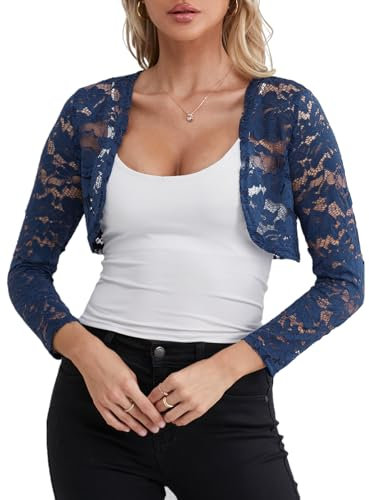 fuinloth Bolero Shrugs for Women Lace Cardigan Wedding Long Sleeve Elegant Navy Blue