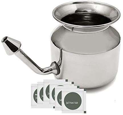 Stainless Steel Ayurvedic Jala Neti Pot for Sinus Congestion with 10 Sachet of Salt Plus (1 Item)