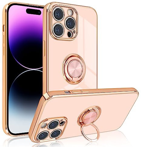 Newseego Electroplated Magnetic iPhone 14 Pro Max Case, 360 Degree Rotation Finger Ring Holder Phone Case Magnet Car Stand Soft Silicone Shockproof Protective Bumper Cover for iPhone 14 Pro Max-Pink