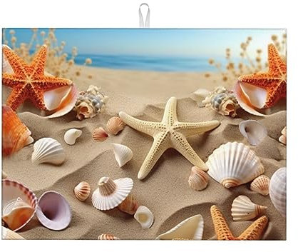 Seestern Muschel Sandstrand Thema bedruckte Geschirrabtropfmatte saugfähige Geschirrabtropfmatten Küche Geschirrmatte große Geschirrtrocknung Pad für Theken Abtropfgitter 45,7 x 61 cm