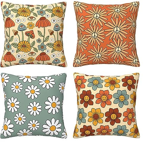HOSTECCO Retro 70er Jahre Wurfkissenbezüge 45,7 x 45,7 cm Set mit 4 kühnen Blumen Pilz Kissenbezüge Groovy Boho Hippie Dekorative Kissenbezüge für Sofa Wohnzimmer