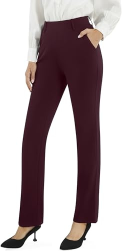 AFITNE Straight Leg Work Trousers for Women UK - Ladies Business Office Casual Bootcut Flared Yoga Pants Pull On Womens Smart Trousers with Pockets - 33 Inches Burgundy XS