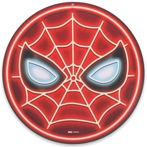 Open Road Brands Marvel Spider-Man-Maske, rundes Metallschild, Neon-Imitat, lustiges Spider-Man-Wanddekor für Männerhöhle oder Filmzimmer