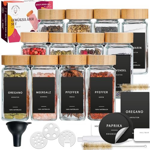 Happy Lemuro Gewürzgläser mit Streueinsatz [12 x 120 ml] Etiketten auf Deutsch | Gewürzbehälter mit Deckeln aus Bambus. Gewürzgläser Eckig 12er Set, Organizer Gewürze Aufbewahrung, Spice Jars