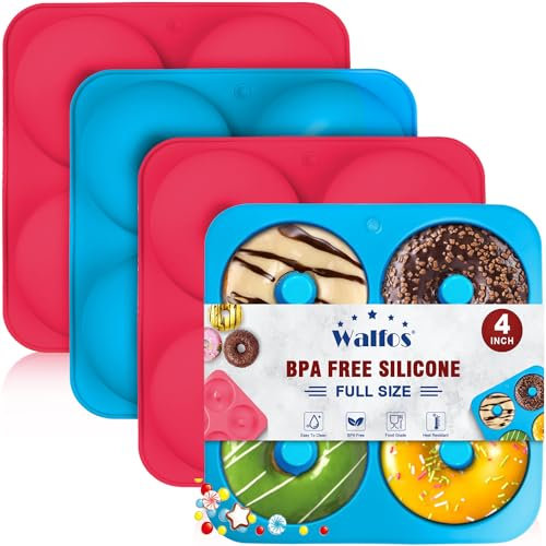 Walfos Full Size Silicone Donut Mold - 4In Donut Pan Big Size Non-Stick Donut Pan for Donut Cake Biscuit Bagels, Heat Resistant, BPA FREE and Dishwasher Safe(4Pack)