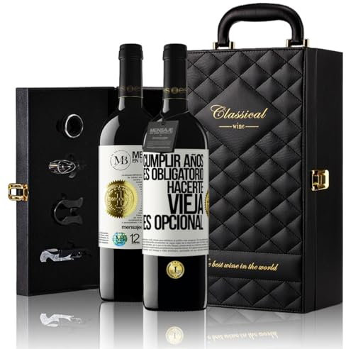 «Cumplir años es obligatorio hacerte vieja es opcional» Mensaje en una Botella. Estuche-Maletín de LUJO 2x Vino Tinto Premium Reserva 12 Meses y Set de 4 Accesorios. Etiqueta Blanca PERSONALIZABLE