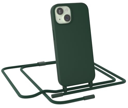 EAZY CASE - Handykette kompatibel mit iPhone 15 - dünne Handyhülle Hülle mit Band als Fallschutz Kette zum Umhängen stoßeste Hülle Silikon mit Mikrofaser in Pinien Grün