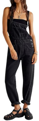 ORANDESIGNE Salopette Casual Stretch Denim Donna Jeans Tuta con Tasche Ragazza Sciolto Overall Lunga Dungarees Casual Pantaloni Bavaglino Jumpsuit Moda Hippie Cinturino A Nero XS