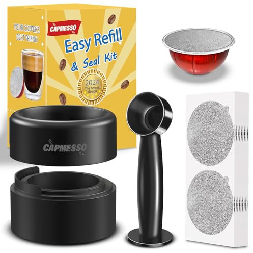 CAPMESSO Kit de recharge de capsules Vertuo réutilisable, design 2025 pour une étanchéité plus rapide, dosettes Nespresso Vertuo réutilisables avec brosse de remplissage et de presse, 100 couvercles
