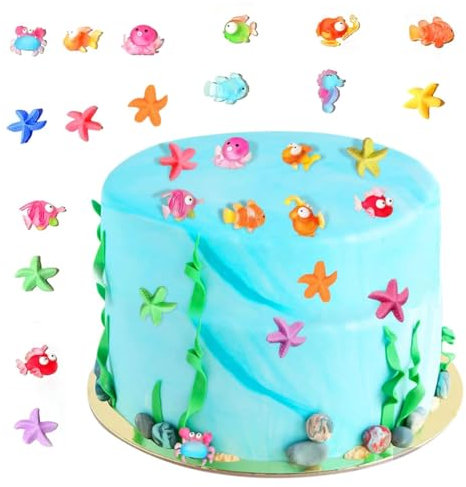 LEEQ Decorazione Torta Spiaggia - 16pcs Micro Paesaggio Creature Acquatiche Decorazioni Torte Mini Decorazioni Oceano Fai da Te Resina Accessori Toppers per Torta Estiva Compleanno Nozze