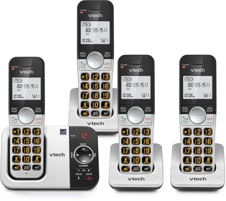 VTech VG232-4 Cordless Phone with Answering Machine, 4 Headphones, Large Buttons, Full Duplex Speaker, Caller ID, Last Conversion of 10 Songs