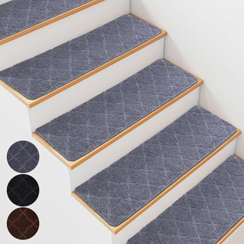 15 PCS Stair Mats Carpet Stair Treads, 20 x 76cm Stair Carpet Removable and Machine Washable,Non-slip Rubber Backing, Indoor Stair Runner Rugs Cover Mat Perfect for Pets Kids Elders,Light Grey