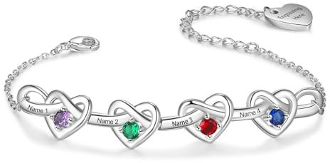 Glooraca Gifts for Mum Personalised Birthstone Bracelets for Women Custom Heart Names Bracelet Jewelry Gifts for Mother's Day Christmas (4 Names)