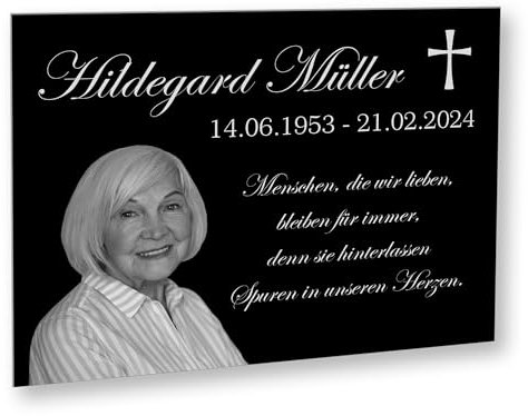 INDIGOS UG - Gedenktafel mit Bild - 30x20 cm - wetterfeste Grabplatte als Grabstecker - Text und Datum - Schilder selbst gestalten mit Wunschname, Trauerspruch und Datum bedruckt