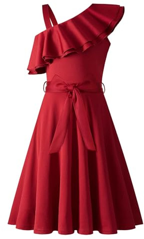 Arshiner Filles Robes Une Épaule Robes Eté Col Ruffle Robe de Fête Elégante sans Manches Robes pour Fille 5-14 Ans