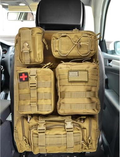 Hanured® Taktisch Autositz Organizer, Molle Paneel mit 5 Abnehmbaren Molle Tasche, Autositz Organizer Vordersitz, für Die Meisten Autos, SUVs, LKW (Khaki)