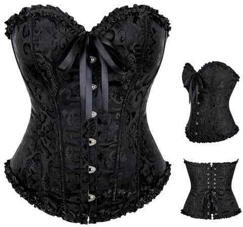 panemy Damen Vollbrust Corsage Korsett Top Corsage Top Schwarz, Gothic Bustiers Korsage Corset Lace Oberteil Burlesque Outfit Body Shaper