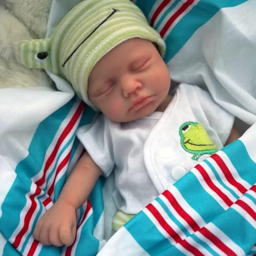 MYREBABY 30,5 cm lebensechte Reborn Babypuppe, Vollsilikon Reborn Baby, Realistische Neugeborene Schlafender Junge Real Life Babypuppen mit Kleidung Set & Fütterungszubehör