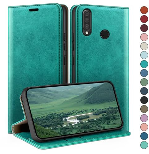 HUOUH für Huawei P30 Lite Hülle mit RFID Schutzhülle aus Lederhülle Handyhülle,Kartenfach Leder ständer Handy hülle,360 Grad Schutz Cover für Huawei P30 Lite Klapphülle Wallet Case Blaugrün