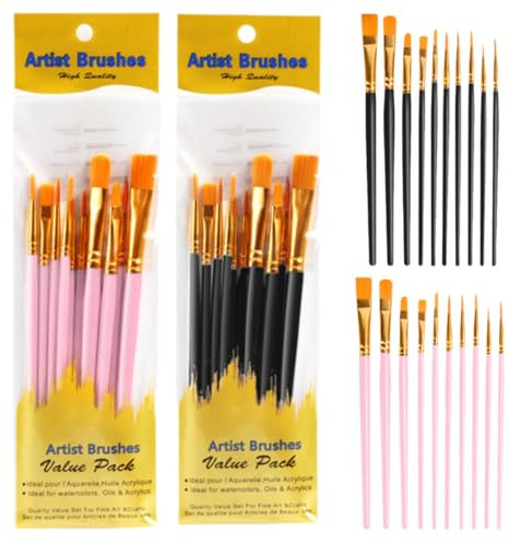 VONJUMA 20 Pcs Pinceles De Pintura De Nailon para El Cabello para Acrílico Óleo Acuarela Gouache Pintura Facial Pinceles para Niños Y Adultos Negro Rosa
