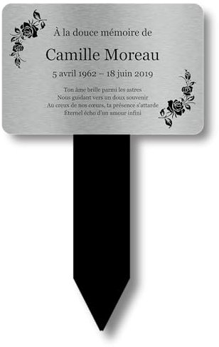 Plaque Mémoriale Personnalisée en Aluminium & Piquet Acrylique – Or/Argent/Noir + Option Photo, 7 Lignes de Texte (Argent)