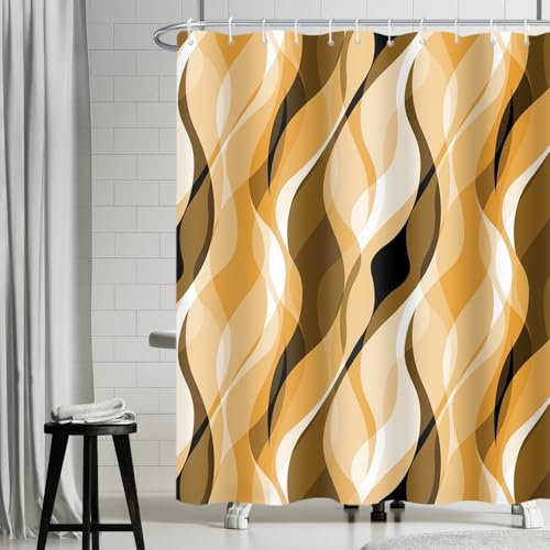 Rideau Douche Jaune Moutarde, Uiiooazy Rideau de Douche Abstrait Rayé Lignes Géométrique Rideau de Baignoire Anti Moisissure Imperméable Tissu Polyester Rideau Salle de Bain avec 12 Crochets 180x220cm
