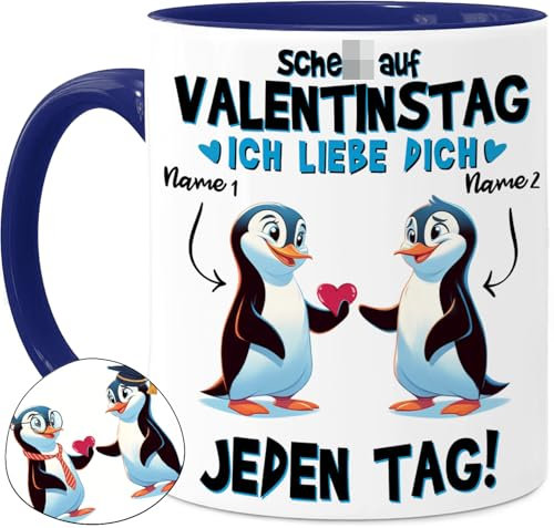 Tassenliebling® Paar Tasse personalisiert - Pinguin - ... auf Valentinstag - Lustiges Pärchen Geschenk für ihn zum Jahrestag - Liebesgeschenke Freund Ehemann - Valentinstag - 330ml Keramik - Blau