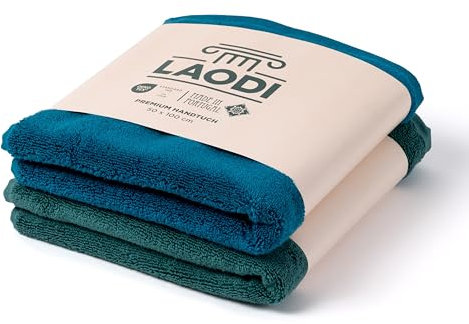 LAODI Premium Handtücher 2er Set – 50x100 – 2-Farben-Set – Ozean Tiefblau + Antikes Grün – 100 % Baumwolle – 570 g/m² – Hergestellt in Portugal